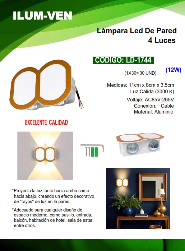 LAMP PARED 4 LUCES - 12W - 3000K - 11X8CM - PLAFON - ALUM BL