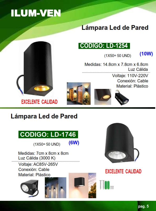 LAMP PARED 6W - 3500K - 7X8CM - PLAST NEGRO  110-220V