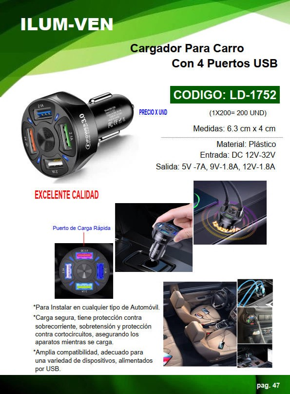 CARGADOR P/CARRO 4 USB - ENTRADA 12V-32V - SALIDAS 5V-9V-12V