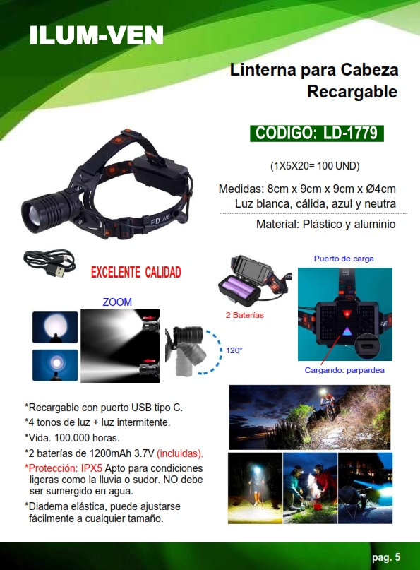 LINTERNA LED P/CABEZA - TELESCOP - RECARG - 2BAT - 4TONOS - 