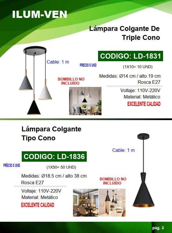 LAMP COLGANTE 1 CONO - METALICA - E27 - CABLE 1MT - 18X38CM