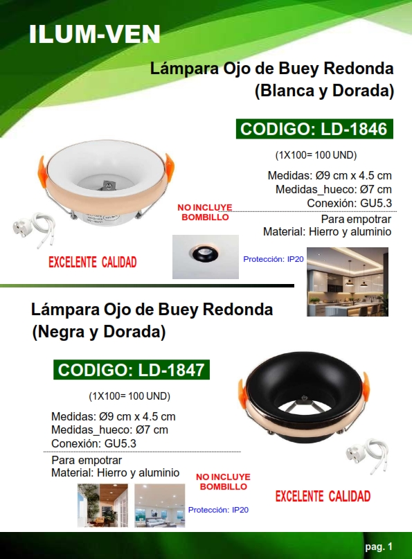 LAMP OJO BUEY REDOND EMP BLANCA - DORADA - GUI 5,3 - 9X45CM
