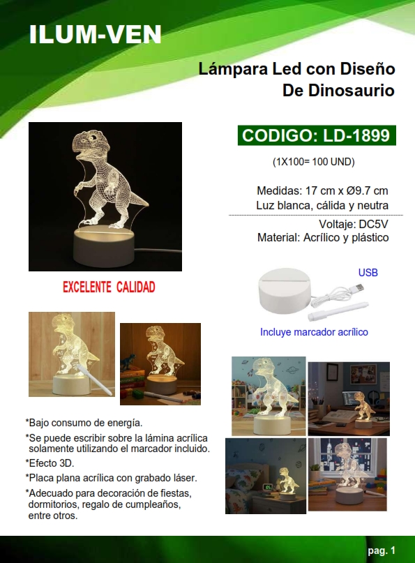 LAMPARA LED 3TONOS - MOD DINOSAURIO - 5VDC - PLAST - 17X9,7C