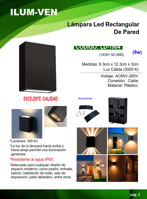 LAMP PARED RECTANG - 8W - 3000K - 300LM - ALUM IP65 - 110-22