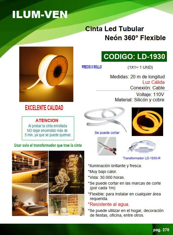 CINTA LED TUBULAR 20MTS - LUZ CALIDA - SILICON - 110V - (Cor