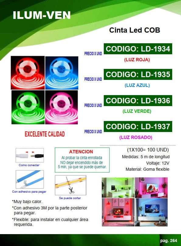 CINTA COB COLOR ROSADO - 12v x 5MT  - S/TRANSF - ADHES 3M