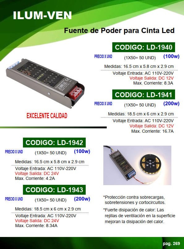 FUENTE PODER P/CINTA LED - 12V/200W - 16,7A - 110-220V - 18X