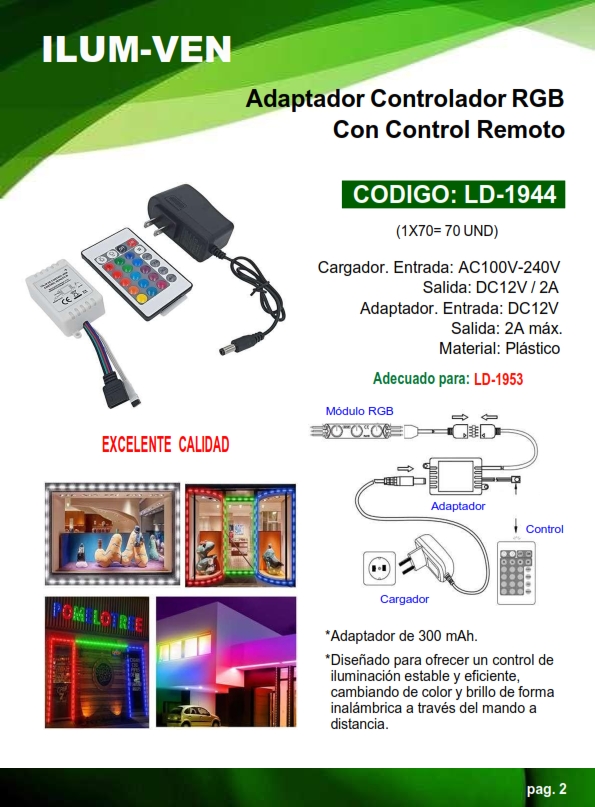 TRANSF CONTROL RGB P/CINTA 1953 - 100-220V - 12V - 2AMP