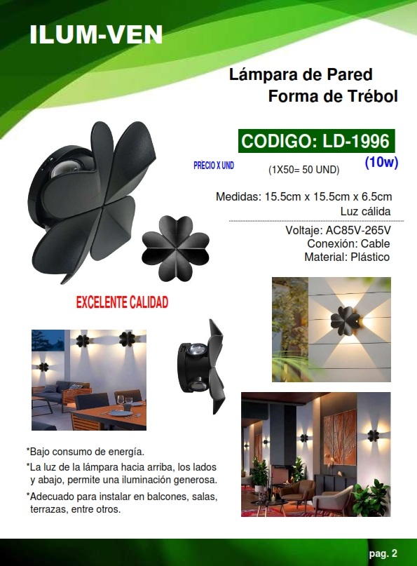 LAMP PARED NEGRA TREBOL - 10W - 3500K - 15X15CM - PLAST