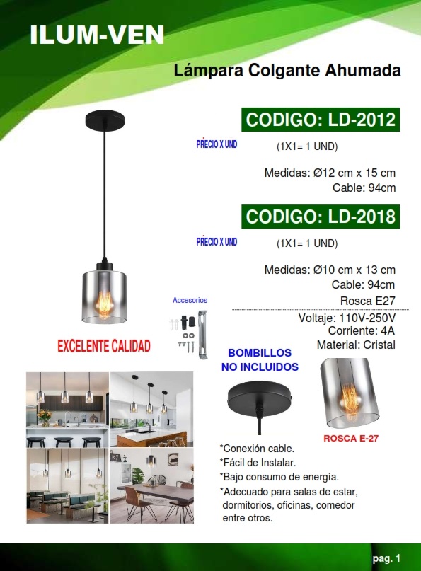 LAMP COLG AHUM SENC - CRISTAL - CORDON 94CM - E27 - 12X15CM
