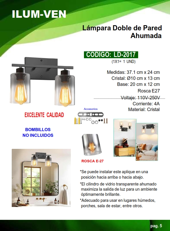 LAMP PARED AHUM DOBLE CRISTAL - 4AMP - E27 - 37X24CM