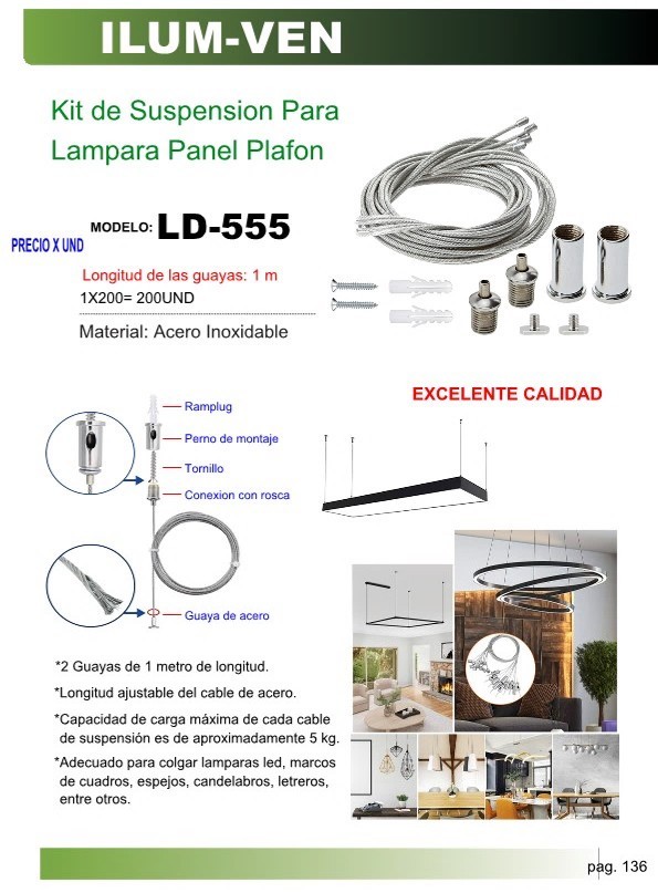 KIT DE SUSPENSION P/LAMPARA PANEL PLAFON 2 GUAYAS 1MT MAX 5K