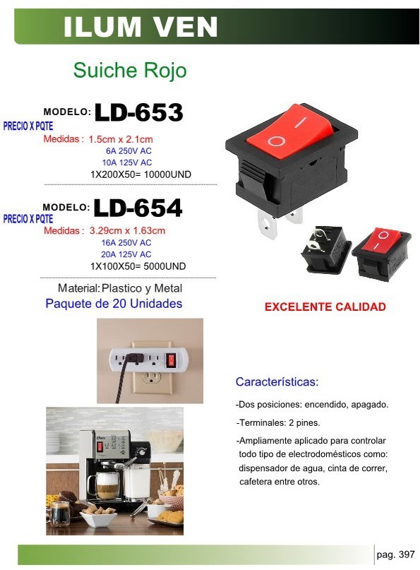 SWITCH RECT C/PILOTO ROJO (6AMP) (PQ 20UND)