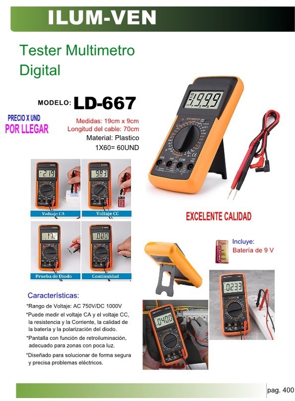 TESTER MULTIM DIG PANT RETROILUM CA . CC BAT 9VOLT
