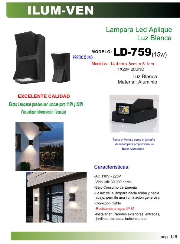 LAMP LED APLIQUE  LUZ BLANCA (2X3W) 14X8X6CM IP65 110-220V