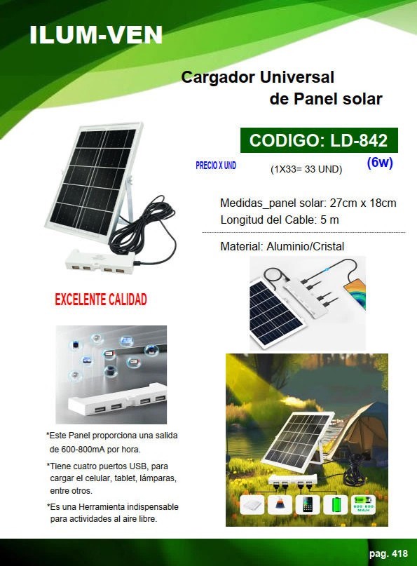 CARGADOR PANEL SOLAR 6W - C/CABLE 5MTS - USB 4 PUERTOS
