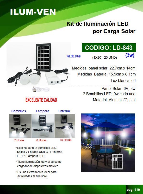 KIT CARGADOR SOLAR 6V - 3W - 2 BOMB  9W - LAMP - LINTERNA - 