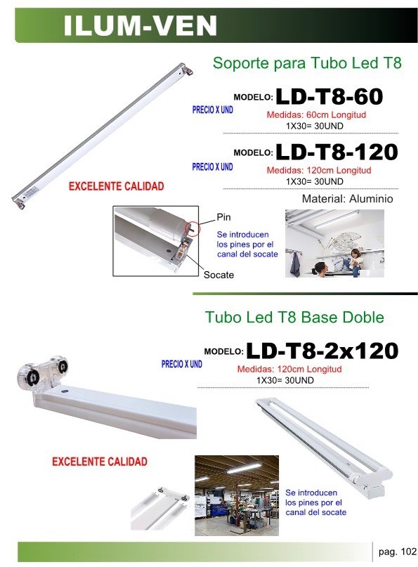 BASE DOBLE P/TUBO LED T8 1,20CM