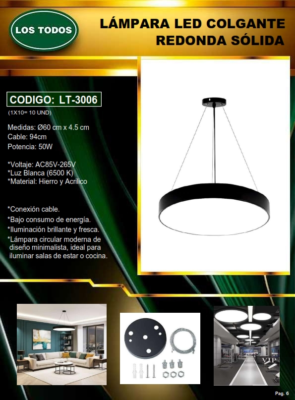 LAMP COLGANTE TECHO - LED - 50W - 6500K - REDOND SOLIDA - 60
