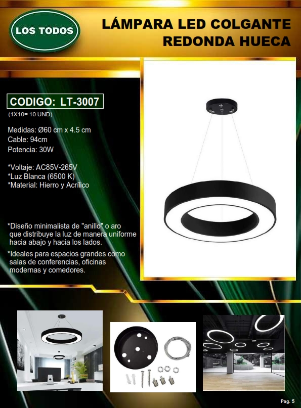LAMP COLGANTE TECHO - LED - 30W - 6500K - REDOND HUECA - 60X