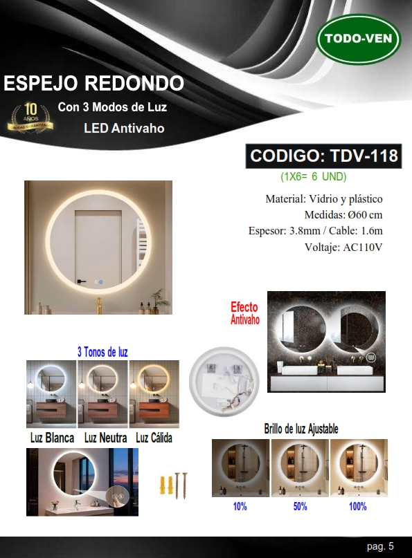 ESPEJ RED AntiVaho - 3MODOS LUZ - S/BORDE - AJUSTE BRILLO - 