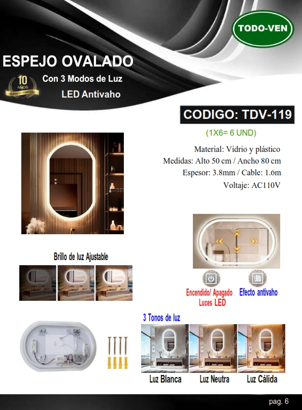 ESPEJ OVAL AntiVaho - 3MODOS LUZ - S/BORDE - AJUSTE BRILLO -