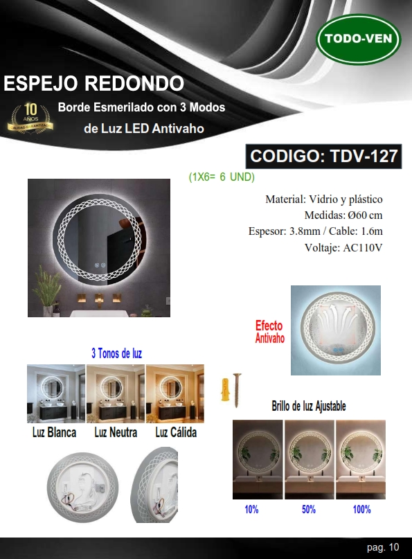 ESPEJ RED AntiVaho - 3MODOS LUZ - B/ESMERIL - AJUSTE BRILLO 