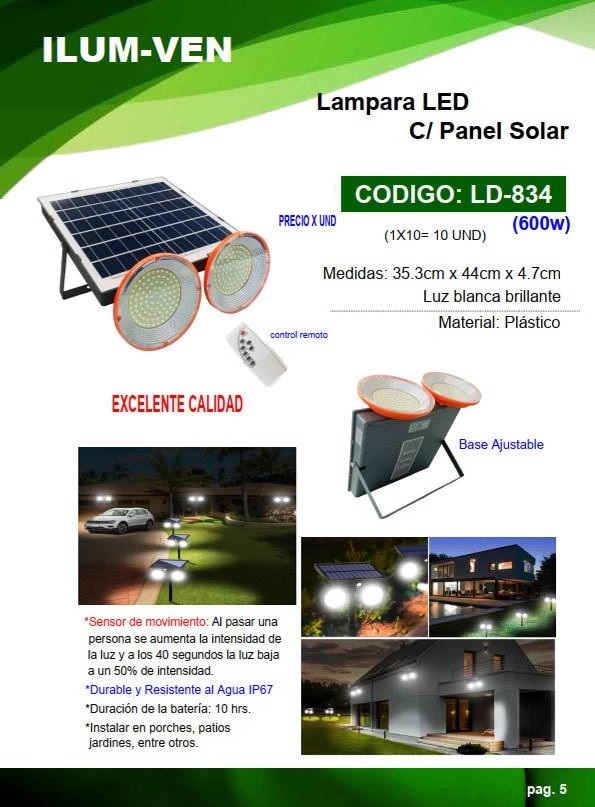LAMP LED DOBLE FOCO C/PANEL SOLAR - 600W - 10HRS - 35X44CM -